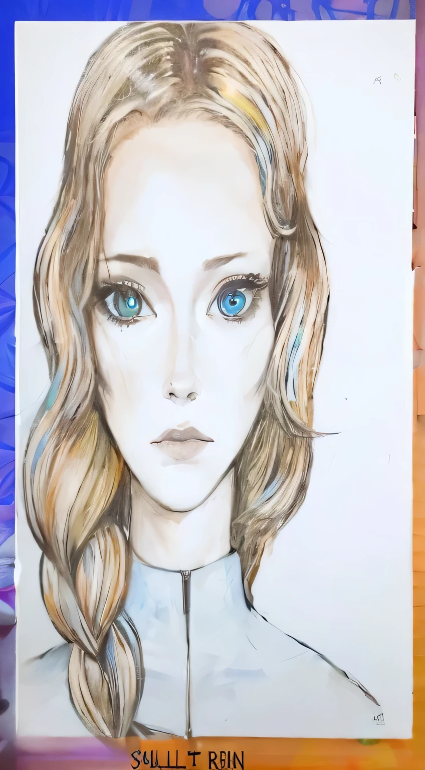 um desenho de uma mulher com cabelo longo e um vestido azul, female humanoid portrait, rosto pontudo e olhos cinzentos, with symmetrical head and eyes, Female Alien, portrait of a humanoid alien, alien woman, desenho colorido, symmetrical portrait science fiction, desenho colorido, cabelo loiro e olhos grandes, mulher humanoide, inspirado em Galeno Dara