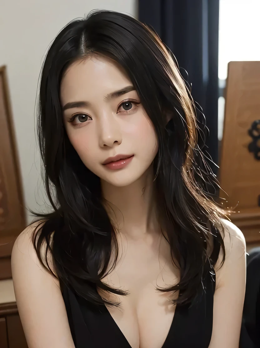 ((masterpiece、highest quality、genuine、Super detailed、High resolution、photorealistic、sharp focus、Live shooting、cinematic lighting))、high color saturation、high contrast、((Portrait of an amazingly beautiful woman、bust shot、focus from the chest up))、heavy makeup、smile、black eye、Detailed symmetrical and realistic face、short black hair、a room in the office、black business suit、hand down、((Detailed depiction of hands))