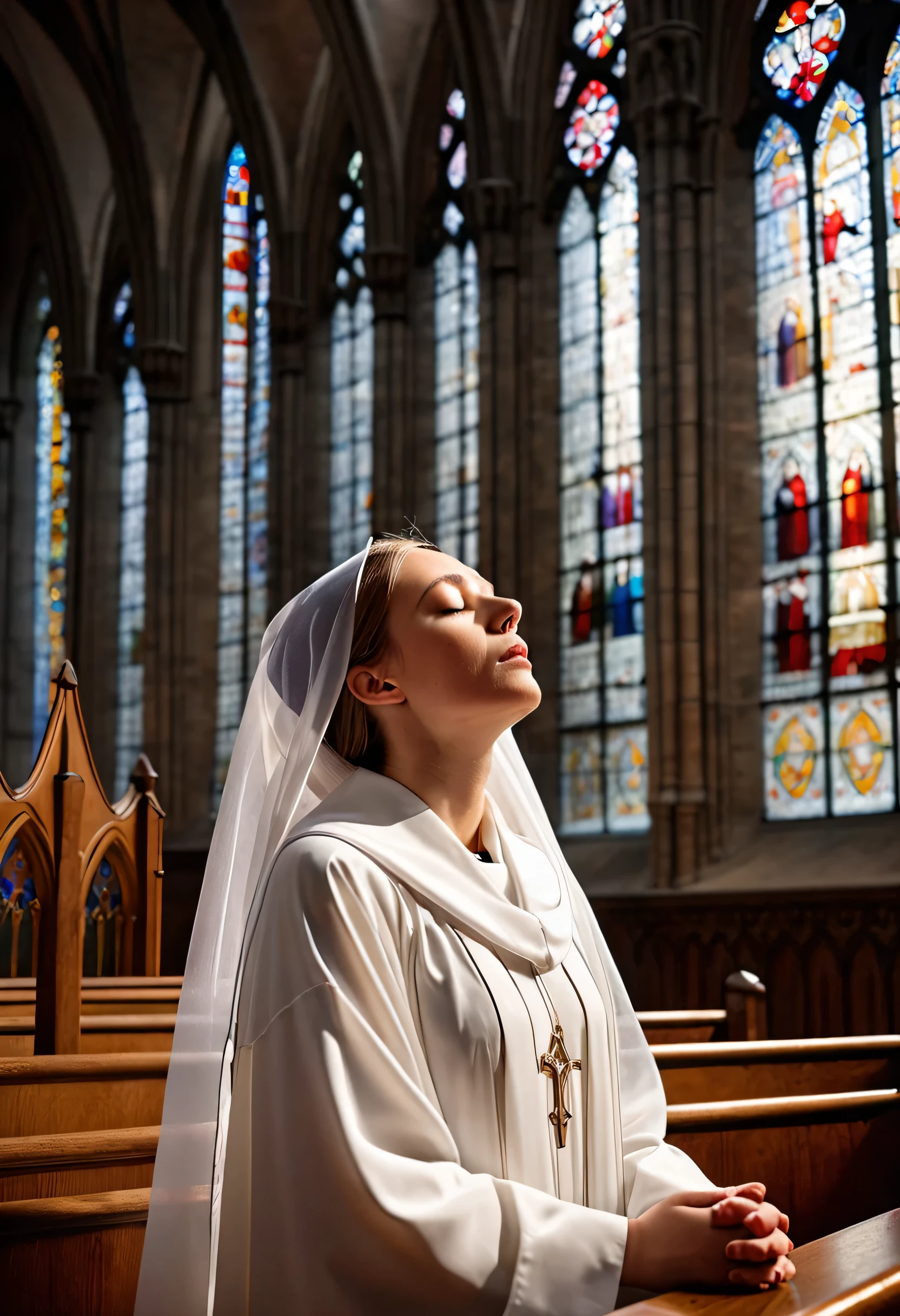 Nun praying in choir, standing in cathedral, wearing white robes and veil, eyes closed in prayer, calm and uplifted expression, gothic cathedral with stained glass and high ceiling, choir seating, sacred, uplifting and spiritual atmosphere, low angle natural light, warm and ethereal colours