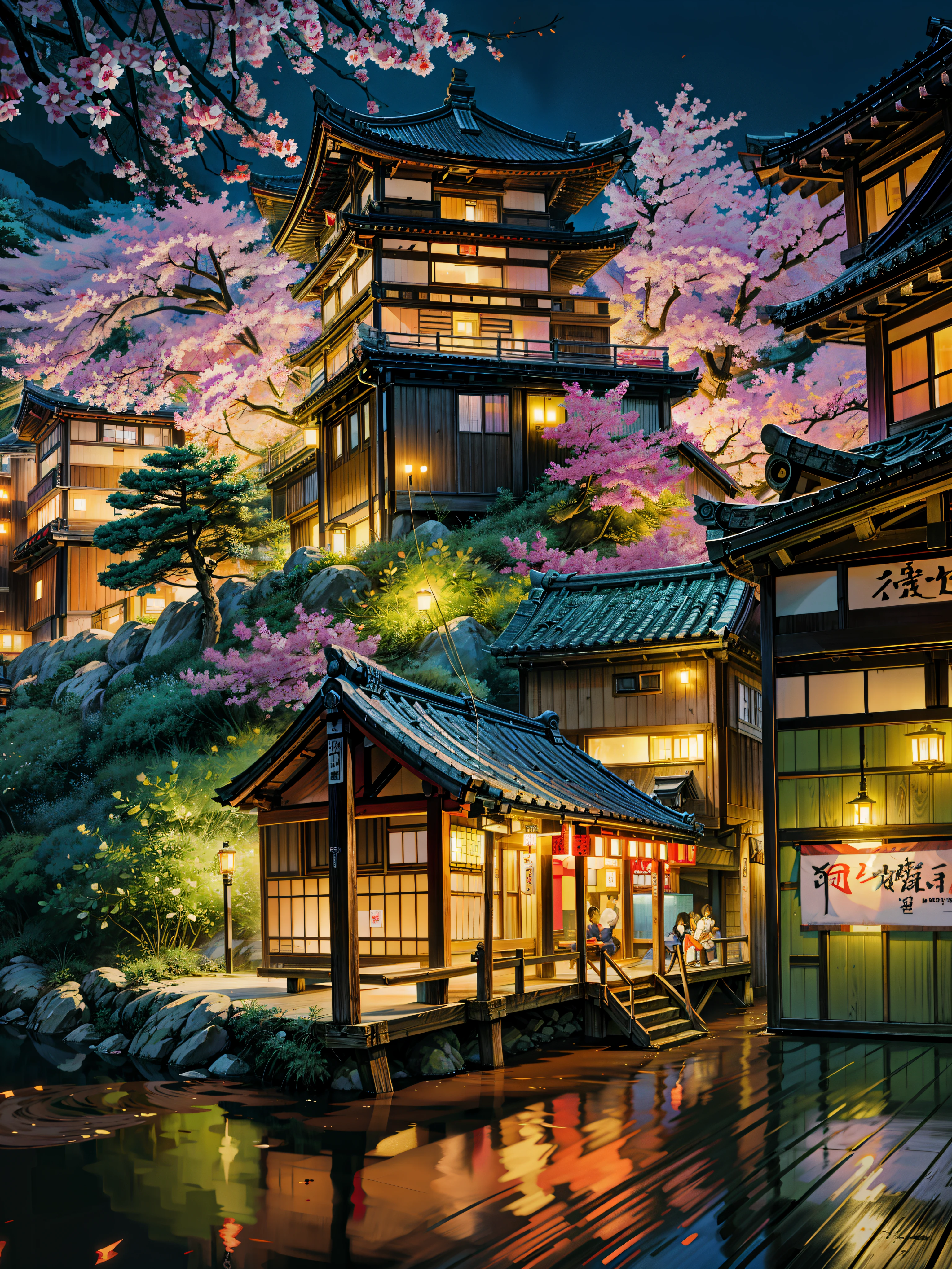 a building that has a bunch of flowers on it, japan at night, in a japanese town at night, japan travel aesthetic, japanese city at night, kyoto, japanese neighborhood, tokyo izakaya scene, japanese street, ghibli spirited away vibe, quiet tokyo alley at night, in tokyo at night, dreamy chinese town, by Torii Kiyomasu, studio ghibli environment,  4k hd,, beautiful art uhd 4 k, a beautiful artwork illustration, beautiful digital painting, highly detailed digital painting, beautiful digital artwork, detailed painting 4 k, very detailed digital painting, rich picturesque colors, gorgeous digital painting