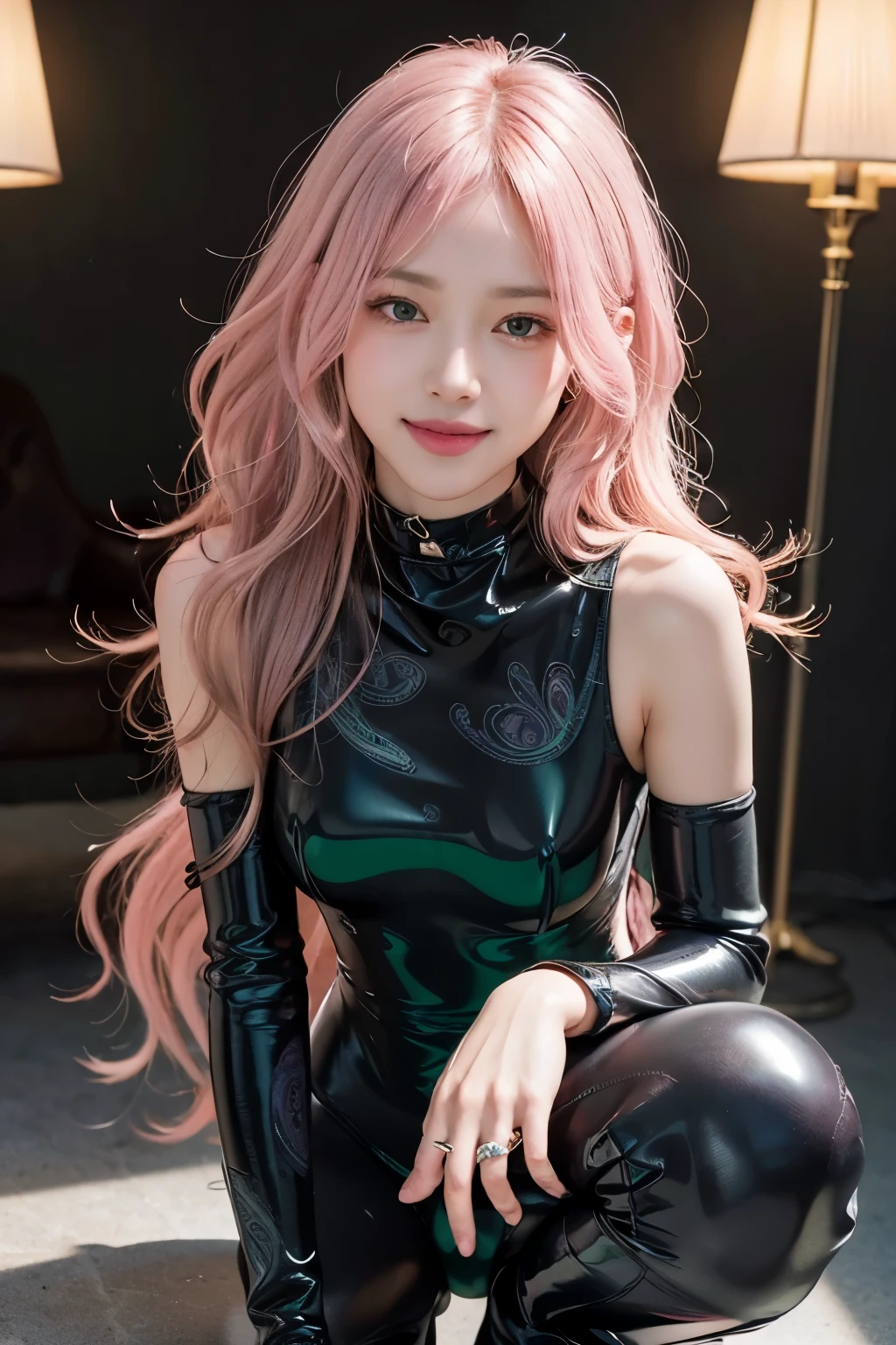(8K, top-quality, masterpiece:1.2), (realistic, photorealistic:1.37), (super detailed), (one girl), (highly detailed), (beautifully detailed eyes), (of the highest quality), (masterpiece), (detailed face), (20yr old), (pink hair, long hair), (medium breasts), (clothed), (perfect lighting), BREAK, (upper body to knees:1.3), (wavy pink long hair:1.4), (smile:1.2), (bright oasis background:1.2),(even lighting:1.5), BREAK, (black and dark green glossy bodysuit:1.5), (pink Paisley patterns:1.4), (high-neck:1.3), (slim fit silhouette:1.5), (ankle boots:1.4), (platinum choker and ring set:1.2),