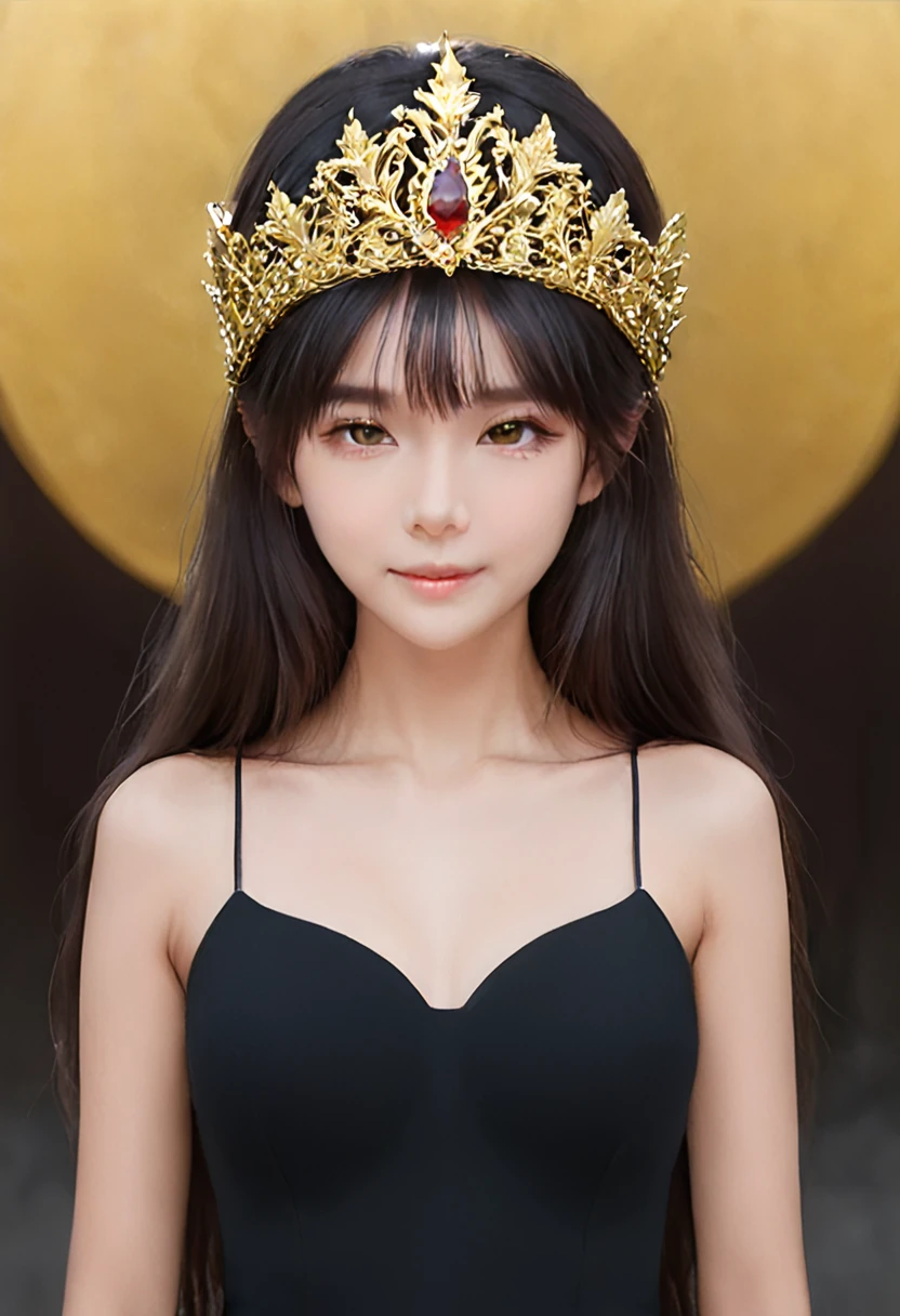 a woman in a black dress Wearing a gold crown on her head, beautiful fantasy empress, Golden lotus princess, Portrait of the Queen of Light, ((beautiful fantasy empress)), 日本のgoddess, unreal engine rendering + goddess, Wallop and Lost Run, Gold crown and filament, empress of china, fantasy photography, 非常に詳細なgoddessのショット, Wearing a gold crown