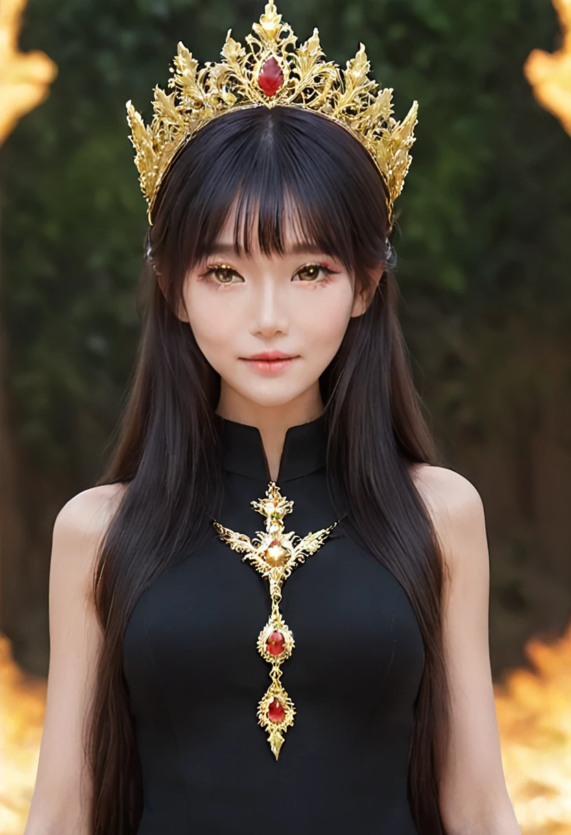 a woman in a black dress Wearing a gold crown on her head, beautiful fantasy empress, Golden lotus princess, Portrait of the Queen of Light, ((beautiful fantasy empress)), 日本のgoddess, unreal engine rendering + goddess, Wallop and Lost Run, Gold crown and filament, empress of china, fantasy photography, 非常に詳細なgoddessのショット, Wearing a gold crown