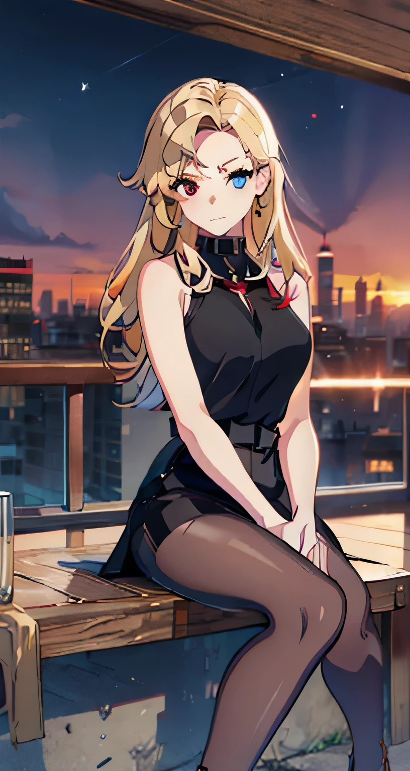 1girl, solo(blue eyes|red eyes:0.8), long hair, breasts, black shirt, pantyhose, sleeveless, black skirt, sleeveless shirt, heterochromia, blonde hair, expressionless, cityscape, sitting, sunset, 