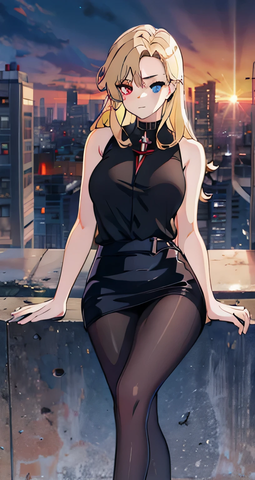 1girl, solo(blue eyes|red eyes:0.8), long hair, breasts, black shirt, pantyhose, sleeveless, black skirt, sleeveless shirt, heterochromia, blonde hair, expressionless, cityscape, sitting, sunset, 