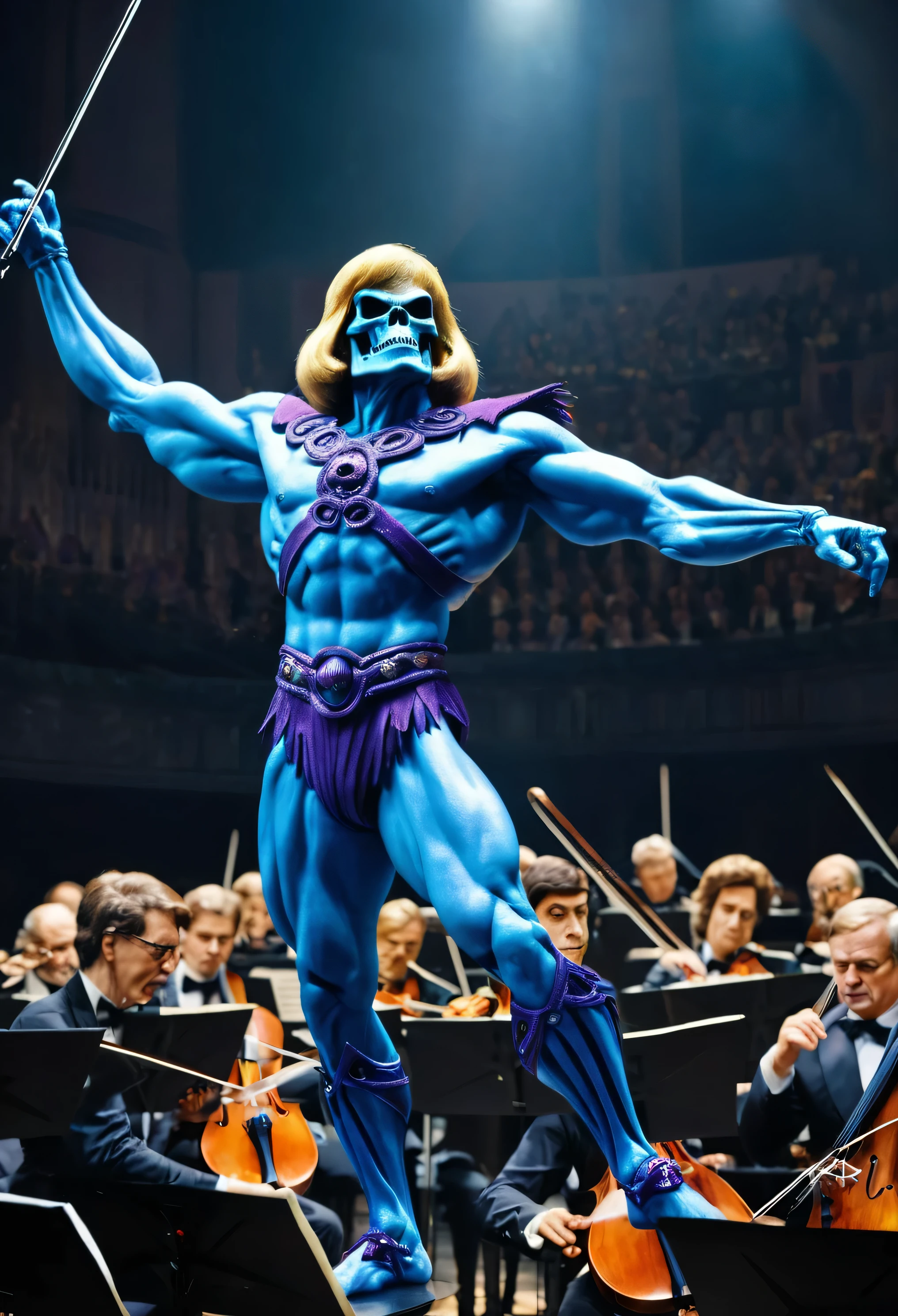 He-man skeletor conducting the Berliner Philharmonic Orchestra, photorealistic best hdr quality