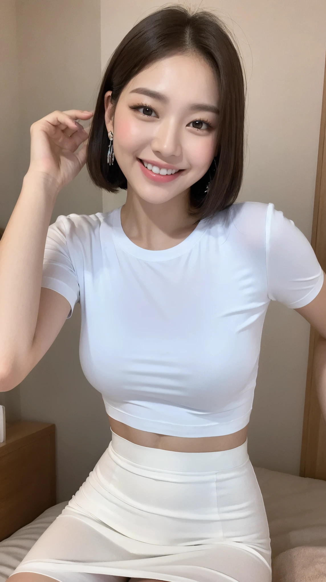 white tight shirt、white tight mini skirt、bed、smile、short sleeve、high resolution、Korean idol face、double eyelid、white teeth