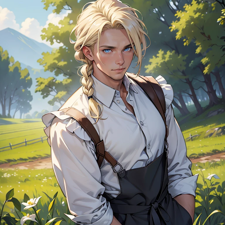 Best quality, masterpiece, ultra high resolution, detailed background of a farmer's field, solo, male, depth of field, platinum-blonde hair, detailed eyes, beautiful eyes, handsome man, blue eyes, light skin, masterpiece, age 28, wearing black pants and white button-down with bib apron, hair tied in a single braid, detailed face, serene expression