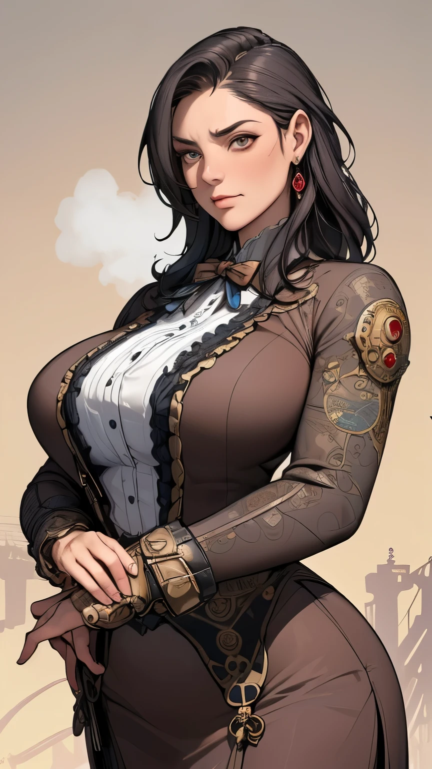 (masterpiece:1.3), (disorganized:1.3), (highest quality:1.3),(perfect anatomy),detailed face,Steam punk, Victorian era,Hong kong,Kowloon,horizontal angle,hands,(looking at viewer), (Super detailed:1.3),(best shadow:0.7), solo,1 middle age woman around 50 years old,prime minister,saggy breast,(treated hair), pulledback hair,fine eyes, beautiful eyes, 1 middle age woman, ((saggy breast)),alone, standing, crystal earrings,closed_mouth, arm_behind_return,rest outdoors, intimidating pose,cowboy shot