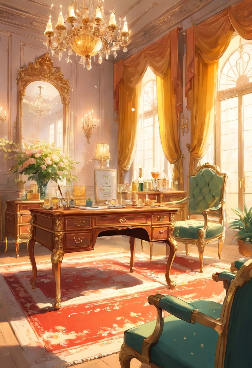 And now I felt a gentle push on my lower back, and a tug on my hand, as if the room itself was inviting me in. "Nope, meus sapatos..." started, but the push and pull became firmer and I found myself clumsily crossing the threshold, no veludo carmesim bordado. The furniture was as grand as the room itself., esculpido, golden and polished until it shined in the sunlight that came through the windows. Havia uma cama enorme sobre um estrado, dossel em ouro com uma colcha branca transparente; a maior penteadeira que eu poderia imaginar, covered with brushes and combs and cut glass bottles of perfumes and cosmetics; a desk so elegant I could barely imagine sitting at it; and rich golden velvet sofas and chairs spread throughout the room, para que eu pudesse sentar em quase qualquer lugar se tivesse vontade de repente. Eu dei outro passo para dentro da sala, my eyes wandering from the beautiful walls to the magnificent furniture and to the high ceiling with hanging crystal chandeliers - the room was so big it needed five of them.