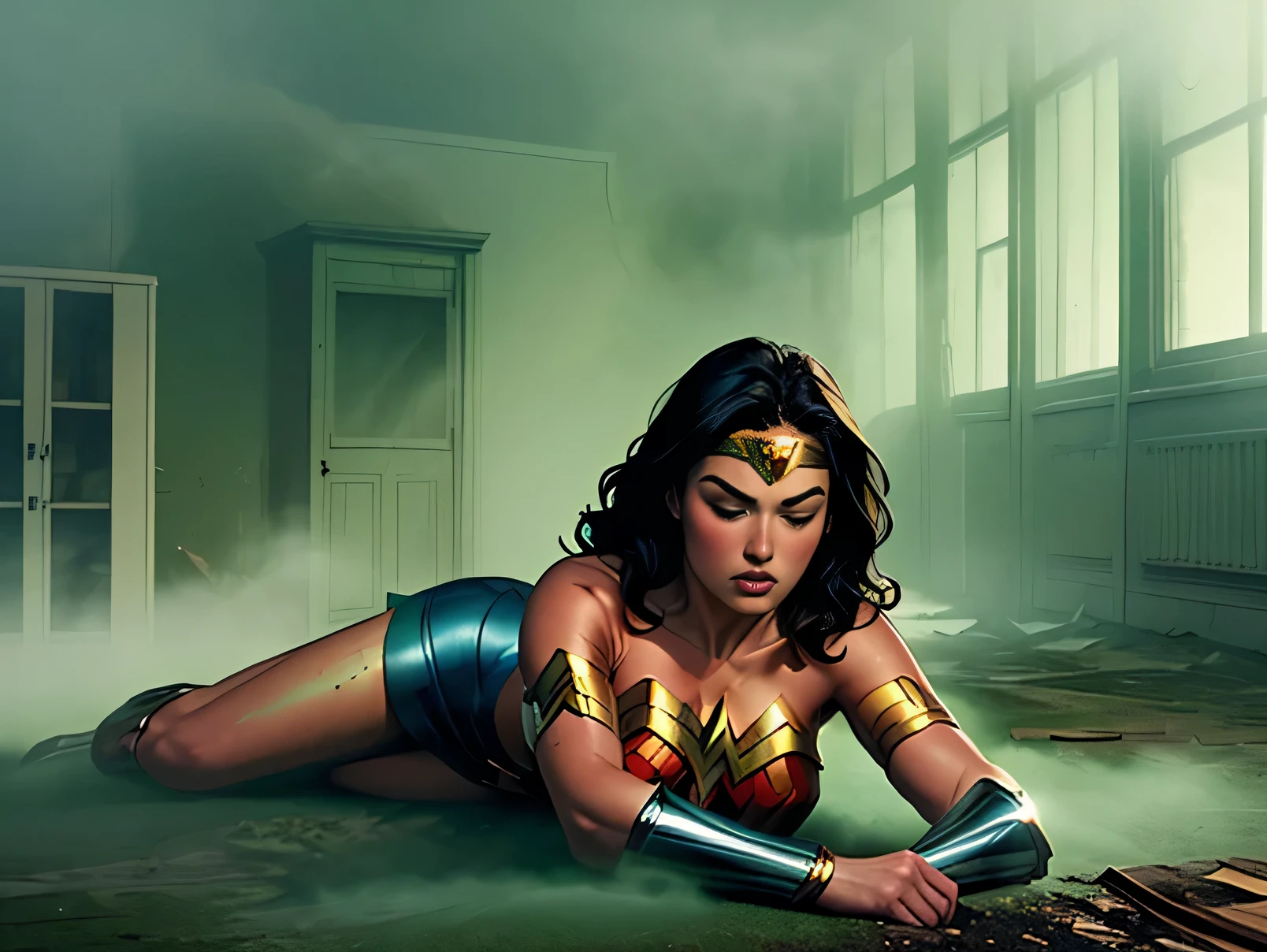 1girl, (wonder woman) , blue skirt, big breast, eyes closed, lay on the floor, sleeping, (green fog in the room, green fog effect,green fog:1.3), (abandoned room, dusty, creepy room, dirty floor), comic style, 
