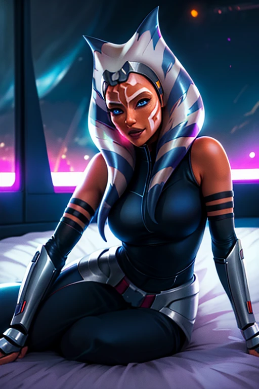 1girl, ahsoka tano, mandalorian armor, sideboob, skinny, leaning forward, close-up, pov, licking finger, naughty face, lying on the bed , beautiful face, detailed eyes, depth of field, masterpiece, high quality, highres, Cinematic photo of Ahsoka Tano wearing Sabine Wren armor at an observatory. 35mm photograph, film, bokeh, professional, shot by David LaChapelle, 4k, highly detailed, vibrant colors, dramatic lighting.
