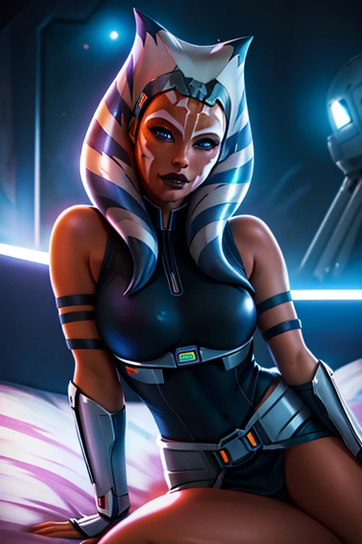 1girl, ahsoka tano, mandalorian armor, sideboob, skinny, leaning forward, close-up, pov, licking finger, naughty face, lying on the bed , beautiful face, detailed eyes, depth of field, masterpiece, high quality, highres, Cinematic photo of Ahsoka Tano wearing Sabine Wren armor at an observatory. 35mm photograph, film, bokeh, professional, shot by David LaChapelle, 4k, highly detailed, vibrant colors, dramatic lighting.
