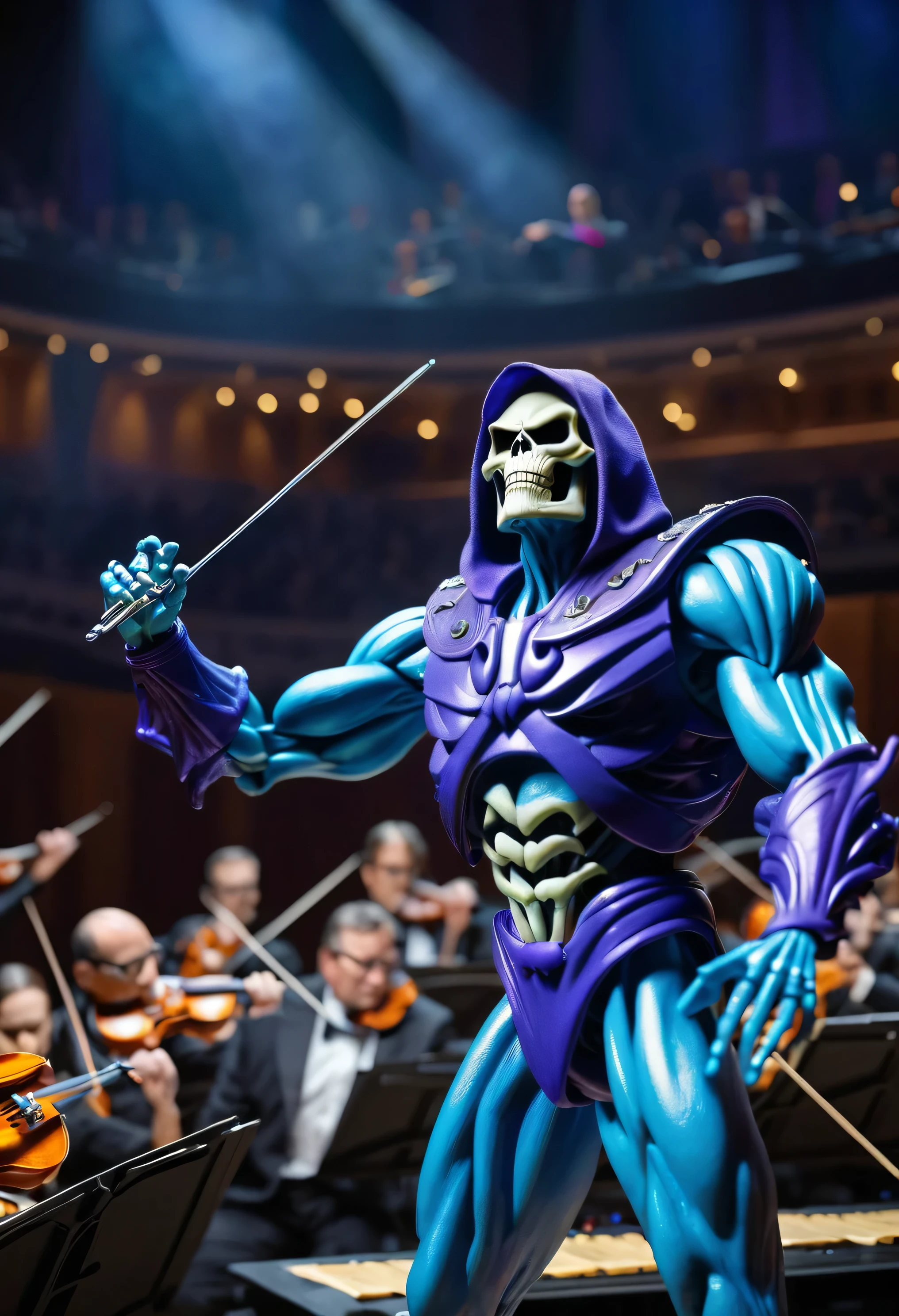 Mattel's Skeletor conducting at the Royal Philharmonic Orchestra, musicians in background, photorealistic best hdr quality