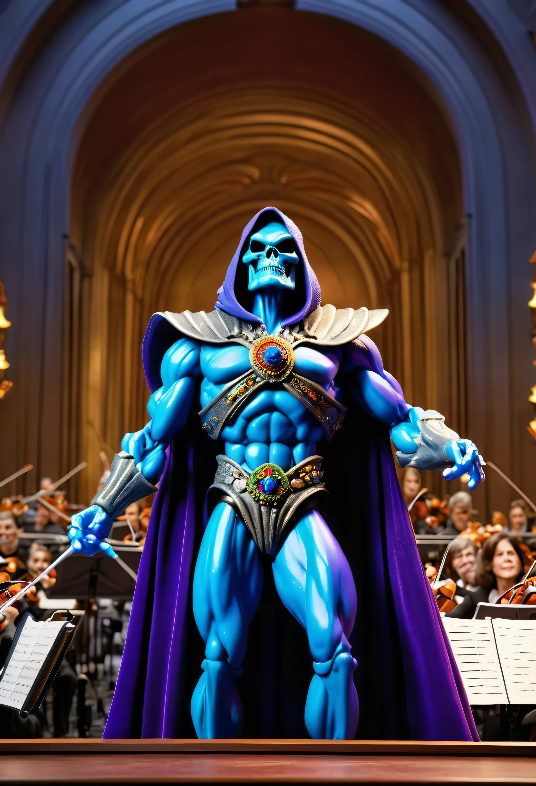 Mattel's Skeletor is conductor of the Boston Philharmonic Orchestra, musicians in background, photorealistic best hdr quality