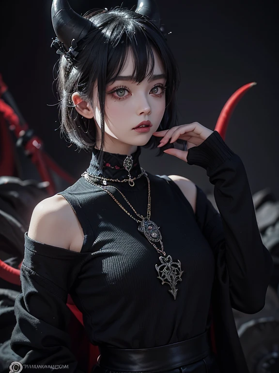 An enchanting princess with devil horns, Brought to life by the artistic talents of Natsukittenpanda on DeviantArt. This masterpiece displays a perfect blend of elegance and darkness., Capturing the essence of Gothic aesthetics. Attention to detail and unparalleled artistry, Natsukittenpanda presents a stunning visual depiction of a lonely character. Goth girl short hair、It contrasts beautifully with her flared horns., Highlighting her unique charm. She is wearing a stylish sweater and a choker., She exudes confidence and individuality. Her black pants complement her outfit perfectly., Add a touch of mystery to her look. green sweater, Decorated with intricate designs, Creates a striking contrast