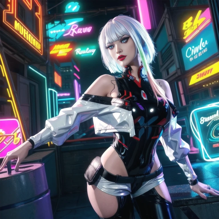 lucy_cyberpunk, cowboy shot, 1 sweet girl,white short hair, bangs, ((red eyeliner)), ((makeup)),red lips, white off-shouler jacket, black bodysuit, bare shoulders, white shorts, hip vent, (dynamic pose), looking at viewer, upper body,fantasy, high contrast,cityscape, neon lights, neon trim, ((cyberpunk)), (8k, RAW photo, best quality, masterpiece:1.2),ultra-detailed, (high detailed skin:1.2), 8k uhd, dslr, soft lighting, high quality,