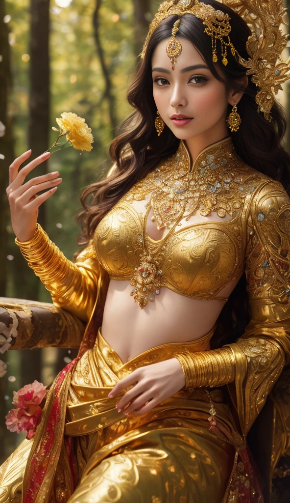 Face of beautiful indian woman, a masterpiece ultra realistic ultra detailed portrait of a beautiful girl in incredible golden armor. baroque renaissance. in forest. medium shot, intricate, elegant, highly detailed. trending on artstation, digital art, by stanley artgerm lau, wlop, rossdraws, james jean, andrei riabovitchev, marc simonetti, yoshitaka amano. background by james jean and gustav klimt, light by julie bell, 4 k, porcelain skin, one woman