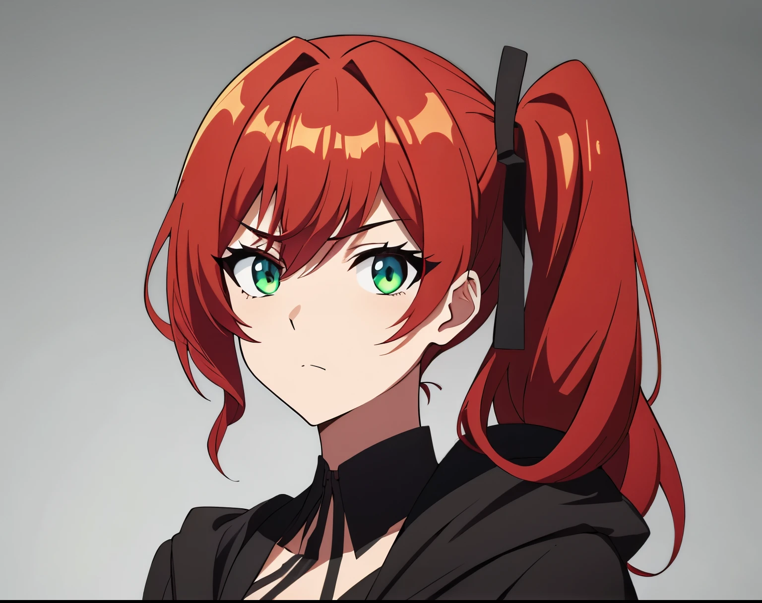 (high-quality, breathtaking),(expressive eyes, perfect face) 1girl, female, solo, age 21, young adult age, feminine face, red color hair, yellow green meadow eye color, fluffy hair, curley wavy hair, medium hair length, side ponytail, Symmetrical Eyes, portrait, bust shot, stylish and edgy clothing, Tsundere, determined expression, looking at viewer, fantasy themed clothing, assassin attire, black choker, detailed eyes, looking at viewer, red and black clothing color pallette, black cloak, black shirt
