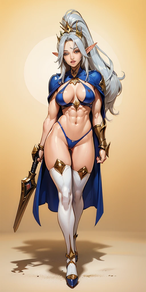 extremely long hair , ponytail, perfect anatomy 1 girl tall solo, slim thick, ((muscular)) high elf toned body, silver breast plate, blue cape, slendered abs, hourglass waist, detailed face, defined cheekbones, puffy lips, gauntlets, gold crown, shadow over eyes, looking at viewer, masterpiece, white thigh highs lingerie, high heels