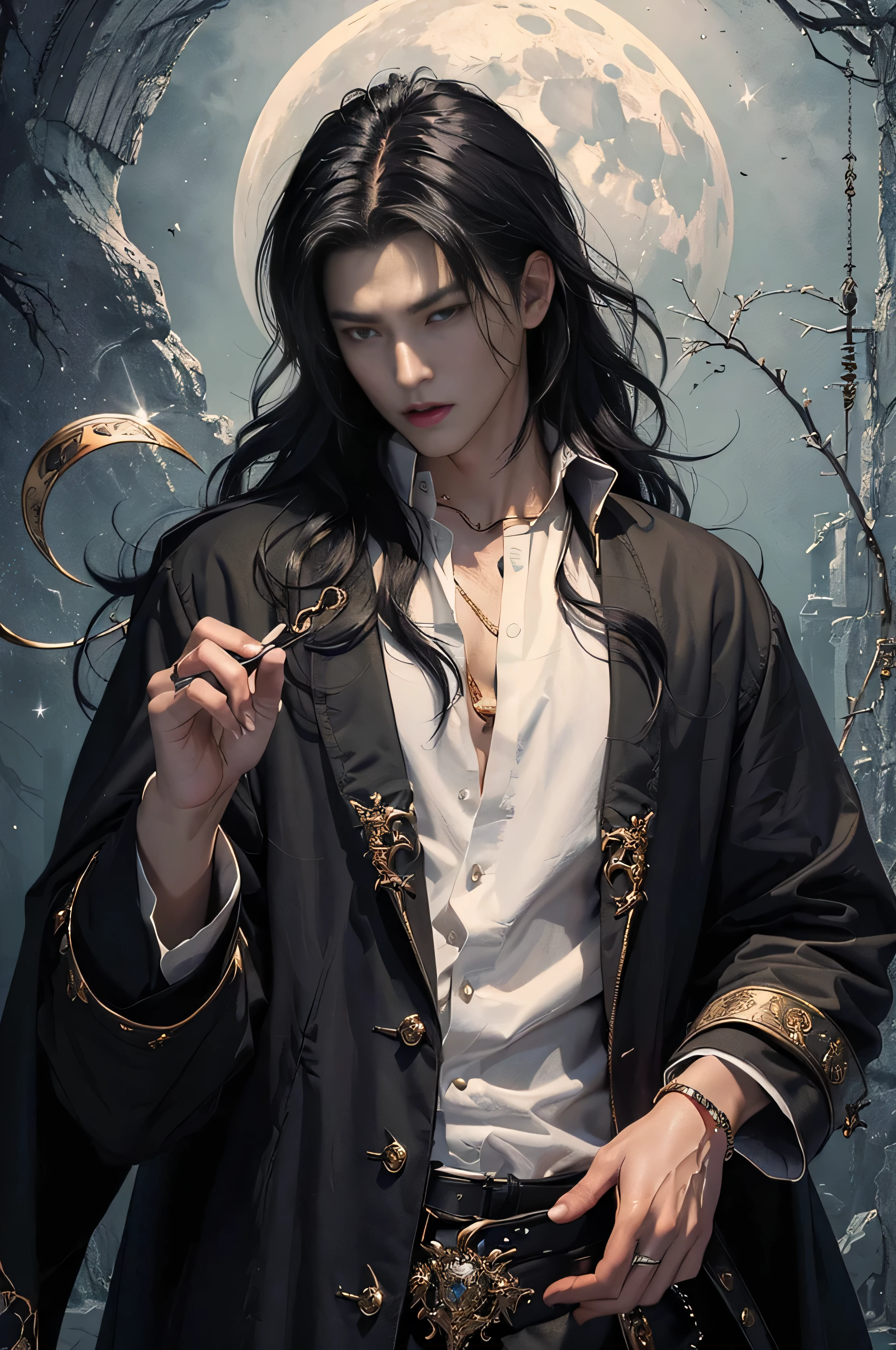 (masterpiece、top-quality、top-quality、Detailed and complex、official art、aesthetically pleasing:1.3)、(1 blackhaired male vampire in:1.3)、(Lee Min Ho look) (realistic art:1.3)、black coat, white shirt, gold accessories, gothic castle background. Moon and stars background, curly black hair, serious angry expression