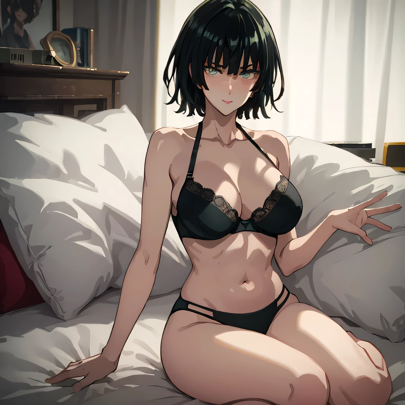 Masterpiece, ultra-detailed, One girl, lying on bed, Narrow waist, y hips, Full body view, wearing only black bra and underwear, Fubuki reclining on her back, Pillow hugged closely above head, Armpits exposed as she raises hand, Blushing face with a seductive smile, Flirty gaze, Inviting expression, No blurring, Ultra HD, Smooth rendition, Perfectly defined features.