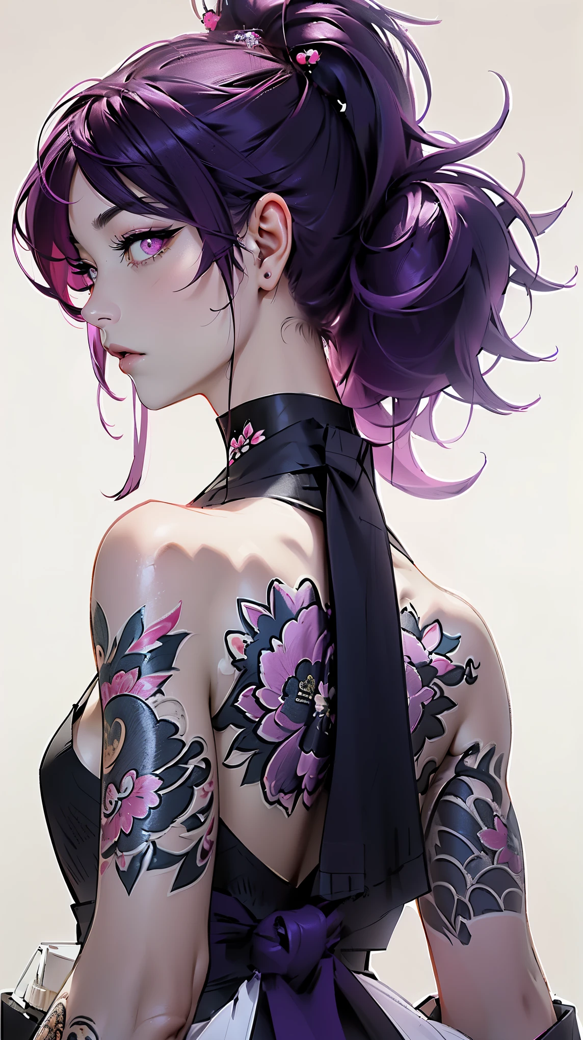 (masterpiece, top quality, best quality, official art, beautiful and aesthetic:1.2),1girl, tattoo, solo, japanese clothes,  hair ornament, unsheathing, pink hair, sheath, back tattoo, violet eyes,  off shoulder, bare shoulders, looking back, from behind, flower, looking at viewer,  holding, makeup, 
indoor, orejas de gato rosa