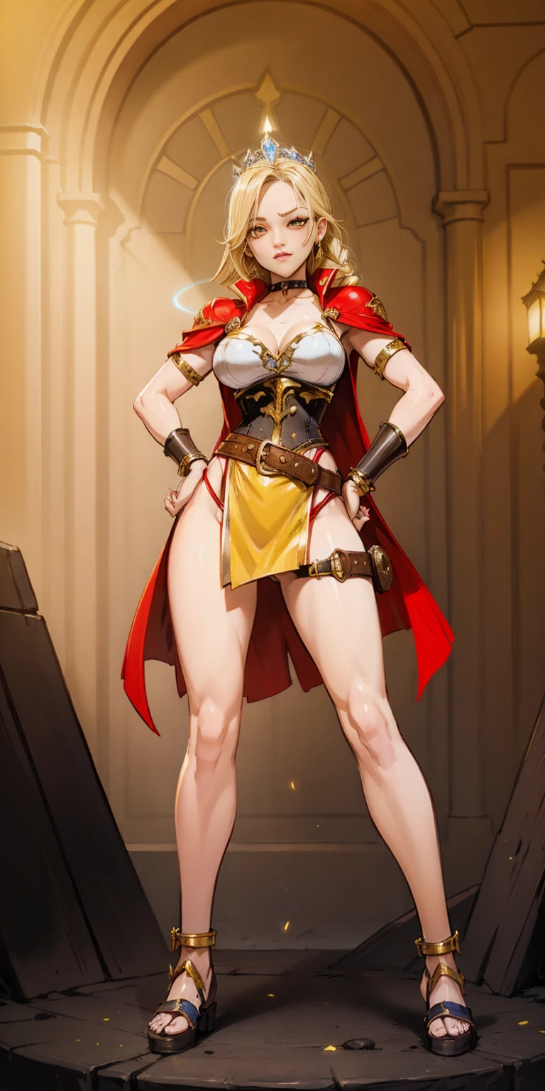 paladin lady in ornate golden armor, black collar, pauldrons, breastplate, corset, glowing halo, single braid, blonde, yellow glowing eyes, bright pupils, eye focus, red cape, temple indoors, stained glass windows, night, moonlight, particles, light beam, chromatic aberration, (full body, whole body. 1solo (girl). slave fighter, loincloth standing, hands on hips full body, whole body. 1solo (girl). slave fighter, loincloth standing, hands on hips, metal sandals, backpack, choker, big belt, view from below, feet together, bracers, tiara)