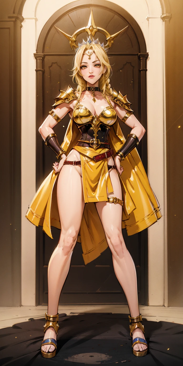 paladin lady in ornate golden armor, black collar, pauldrons, breastplate, corset, glowing halo, single braid, blonde, yellow glowing eyes, bright pupils, eye focus, red cape, temple indoors, stained glass windows, night, moonlight, particles, light beam, chromatic aberration, (full body, whole body. 1solo (girl). slave fighter, loincloth standing, hands on hips full body, whole body. 1solo (girl). slave fighter, loincloth standing, hands on hips, metal sandals, backpack, choker, big belt, view from below, feet together, bracers, tiara)