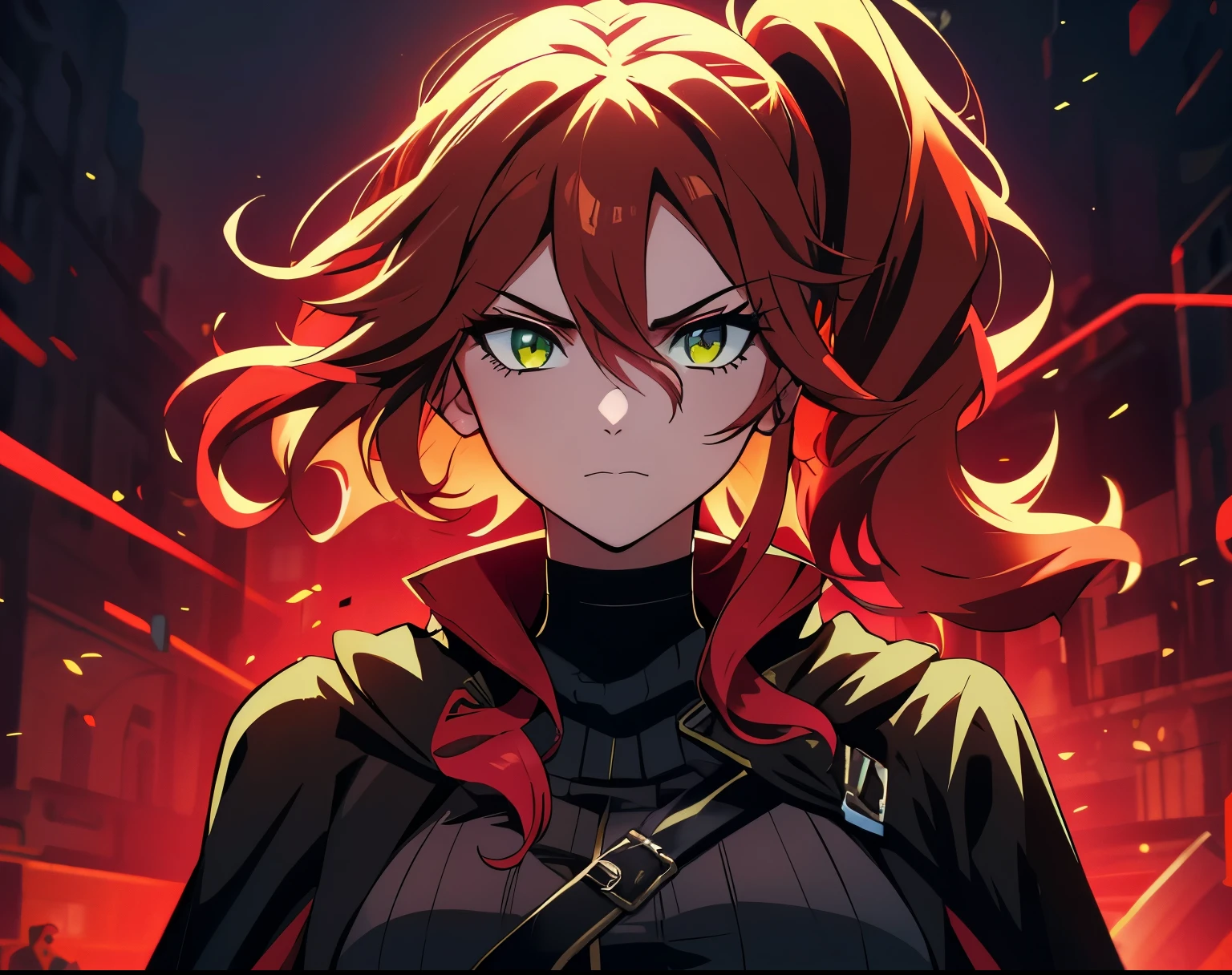 (high-quality, breathtaking),(expressive eyes, perfect face) 1girl, female, solo, age 21, young adult age, feminine face, red color hair, yellow green eye color, fluffy hair, curley wavy hair, medium hair length, side ponytail, Symmetrical Eyes, portrait, bust shot, stylish and edgy clothing, Tsundere, determined expression, looking at viewer, fantasy themed clothing, assassin attire, black choker, detailed eyes, looking at viewer, red and black clothing color pallette, black cloak, black shirt
