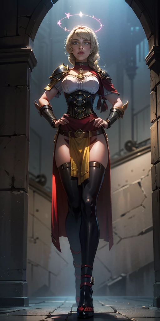 full body, barefoot, solo, female, big breast ,linen tunic, fantasy village, armor, Handcuffs on their hands, With a collar around the neck, hands on hips, slave, ((black choker, shackles on legs and arms)),