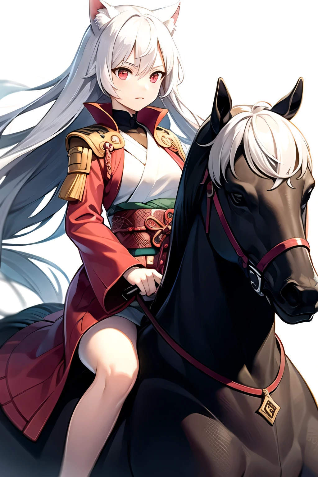 White hair, long hair, cat ears, red eyes, samurai, riding a horse, standing portrait, white background