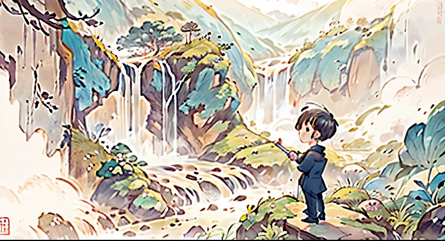 A person in white clothes stands on a rock near a waterfall, landscape，huge waterfall，Inspired by Ma Yuanyu, Chinese painting style, Chinese style, no buildings， A boy in Hanfu, illustration精美, Japanese-style, dreamy illustration, Inspired by Dong Yuan, Inspired by Wang Yuanqi, a beautiful artwork illustration, illustration!, inspired by Guan Daosheng