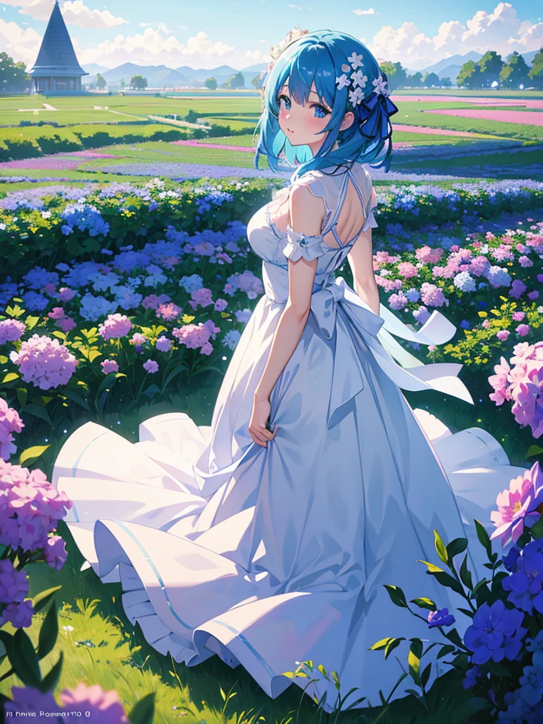 anime girl with blue hair and white dress standing in a field of flowers, trending on artstation pixiv, digital art on pixiv, anime art wallpaper 8 k, guweiz on pixiv artstation, anime art wallpaper 4 k, anime art wallpaper 4k, top rated on pixiv, beautiful anime artwork, pixiv contest winner