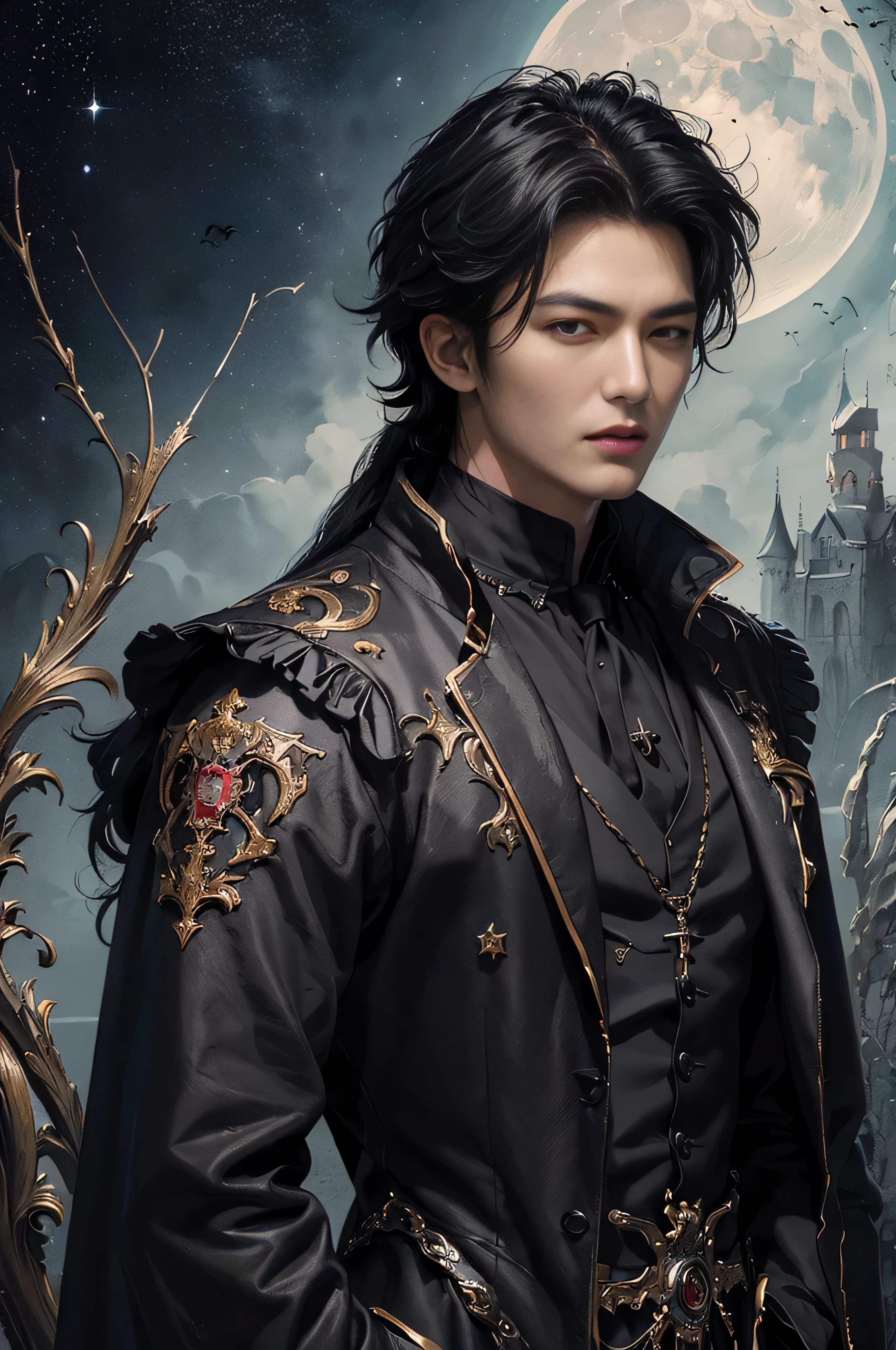 (masterpiece、top-quality、top-quality、Detailed and complex、official art、aesthetically pleasing:1.3)、(1 blackhaired male vampire in:1.3)、(Lee Min Ho look) (realistic art:1.3)、black coat, white shirt, gold accessories, gothic castle background. Moon and stars background, curly black hair, serious angry expression