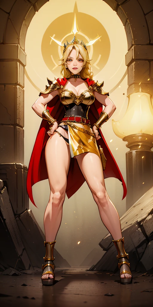 paladin lady in ornate golden armor, black collar, pauldrons, breastplate, corset, glowing halo, single braid, blonde, yellow glowing eyes, bright pupils, eye focus, red cape, temple indoors, stained glass windows, night, moonlight, particles, light beam, chromatic aberration, (full body, whole body. 1solo (girl). slave fighter, loincloth standing, hands on hips full body, whole body. 1solo (girl). slave fighter, loincloth standing, hands on hips, metal sandals, backpack, choker, big belt, view from below, feet together, bracers, tiara)