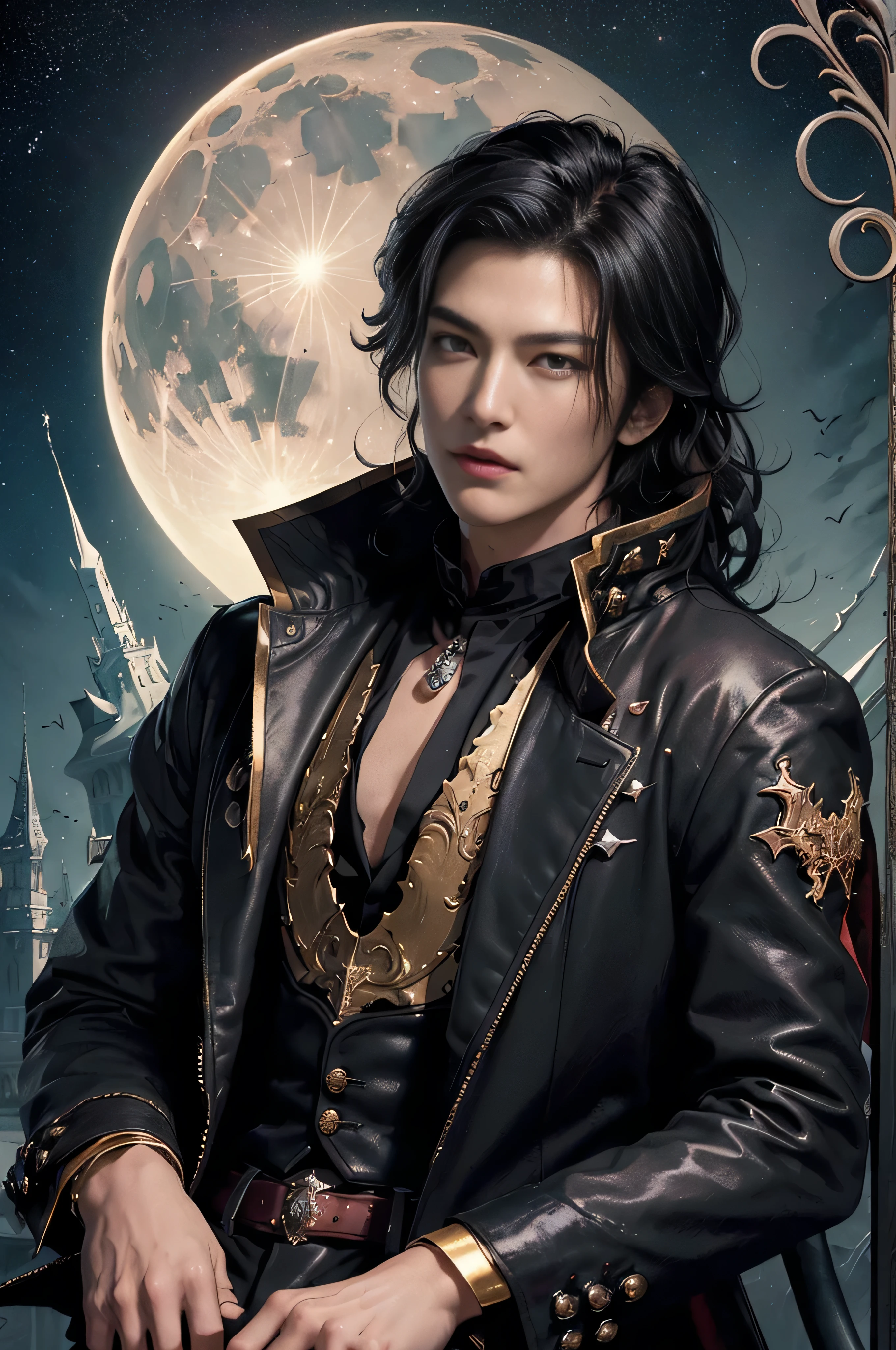 (masterpiece、top-quality、top-quality、Detailed and complex、official art、aesthetically pleasing:1.3)、(1 blackhaired male vampire in:1.3)、(Lee Min Ho look) (realistic art:1.3)、black coat, white shirt, gold accessories, gothic castle background. Moon and stars background, curly black hair, serious angry expression