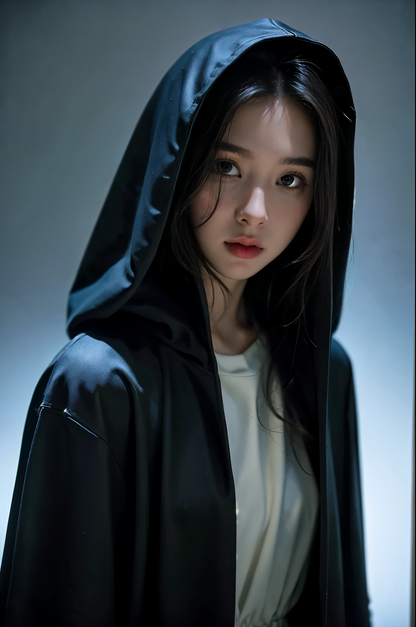 masterpiece, Simple and Clean, dungeon, 1940'S (Girl:1.3) , wearing outfit, her outfit also has a hooded cloak,slim,warm background, cinematic lighting, editorial photo, shot on CineStill 800T, foggy mood, close up shot, 32k, cinematic composition, professional color grading, film grain, atmosphere, wondrous