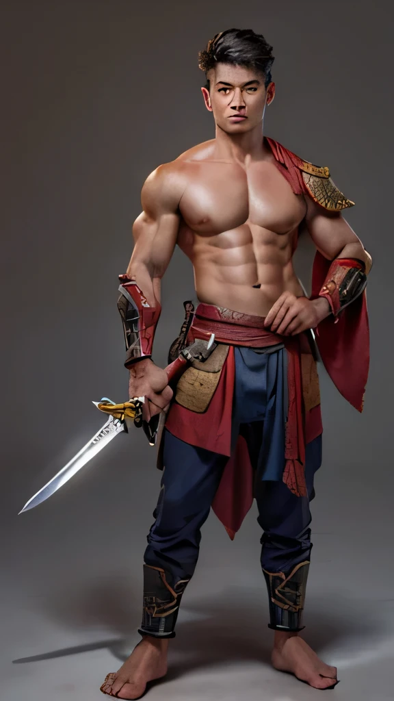 A man,partially revealing his body, holding a long sword in his hand, looks like a 20-year-old ancient Chinese soldier, bare feet,with a full body picture