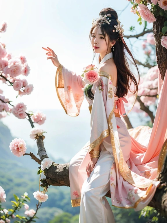 a close up of a woman sitting on a tree branch with flowers, bian lian, inspired by Li Mei-shu, inspired by Du Qiong, inspired by Ju Lian, ruan jia and artgerm, inspired by Pu Hua, inspired by Lan Ying, yun ling, artgerm and ruan jia, queen of the sea mu yanling