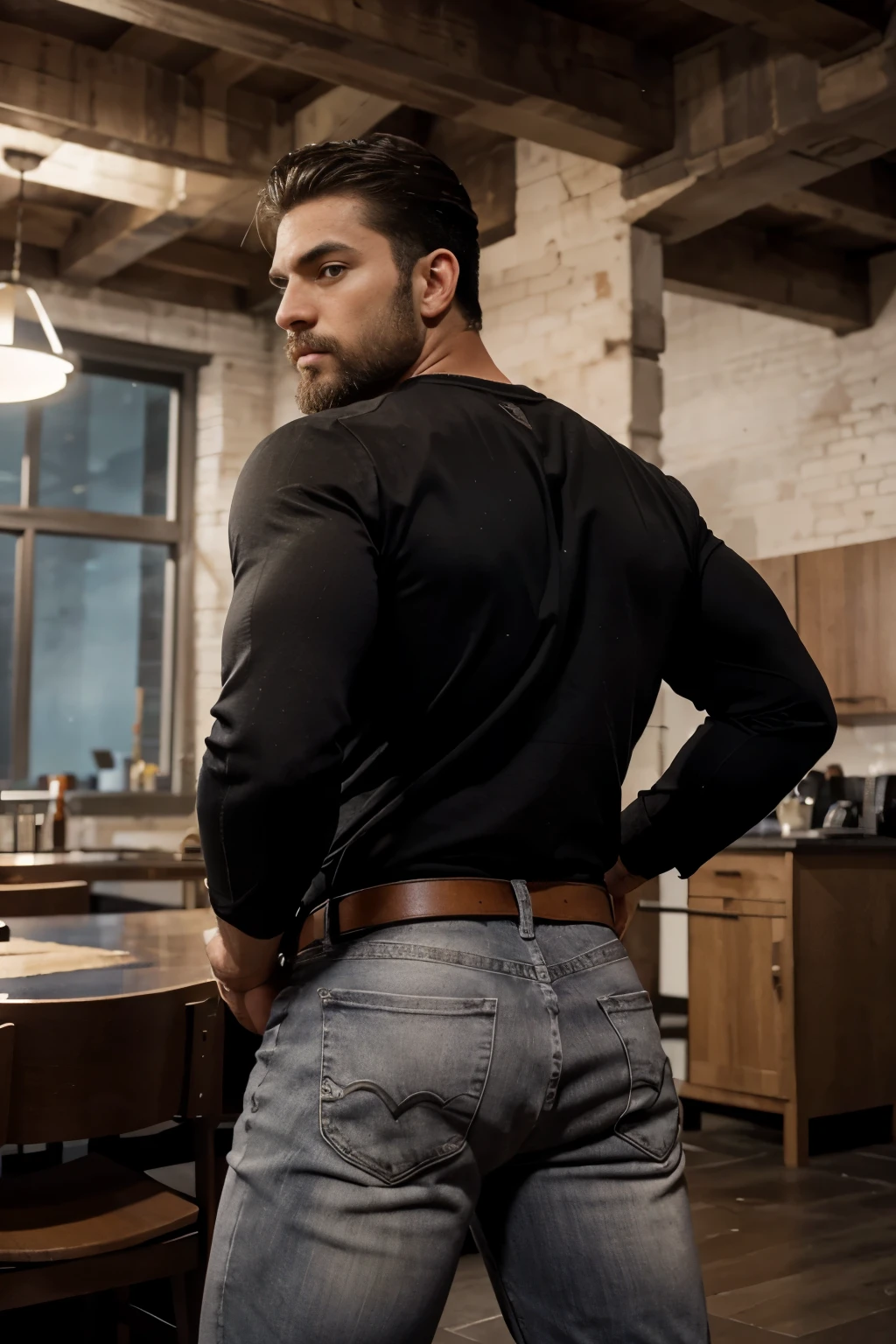 An illustration of Batman, a Greek god with a muscular build and a short, neat beard.............,muy nalgon, designed in modern western attire............. El escenario es una ciudad cosmopolita............, evoking a classic cold atmosphere, sin dejar de mantener el aura poderosa y regia del dios. Big ass backside gray white jeans bent over, empinado, agachado