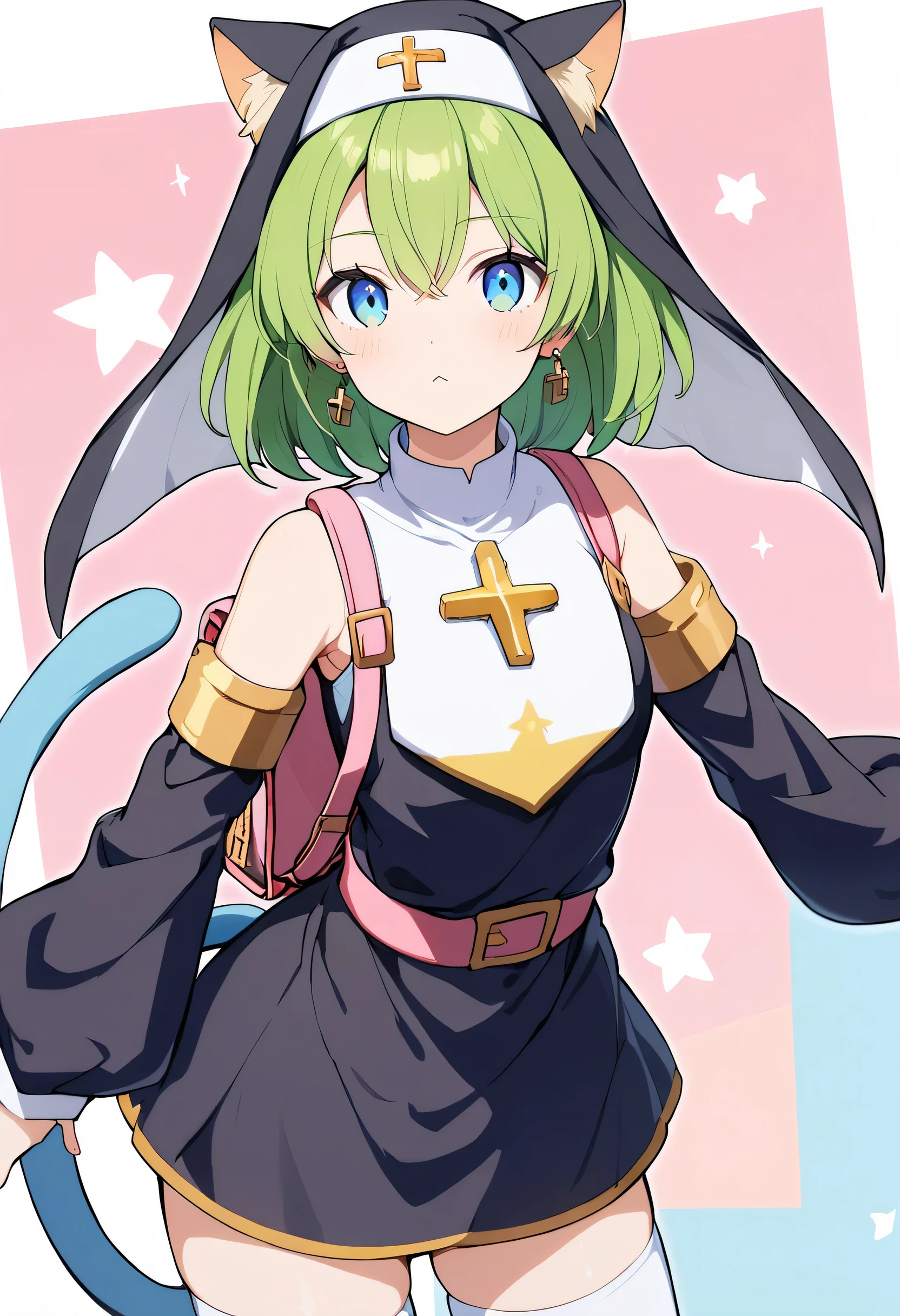 1girl,deltamon_beta, solo, blue eyes, thighhighs, animal ears, bare shoulders, blue tail, earrings,detached sleeves, green hair, sleeveless, cat ears, bag, white thighhighs, cat tail,pink backpack,pink randseru,
BREAK ((nun:1.3))
BREAK Cowboy Shot,((Face Focus)),Leg spread,18yo,