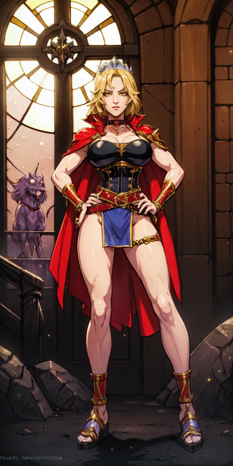 paladin lady in ornate golden armor, black collar, pauldrons, breastplate, corset, glowing halo, single braid, blonde, yellow glowing eyes, bright pupils, eye focus, red cape, temple indoors, stained glass windows, night, moonlight, particles, light beam, chromatic aberration, (full body, whole body. 1solo (girl). slave fighter, loincloth standing, hands on hips full body, whole body. 1solo (girl). slave fighter, loincloth standing, hands on hips, metal sandals, backpack, choker, big belt, view from below, feet together, bracers, tiara)
