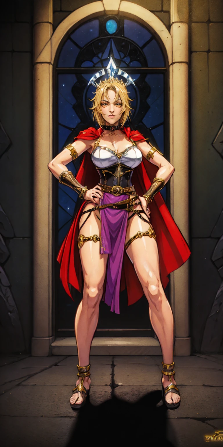 paladin lady in ornate golden armor, black collar, pauldrons, breastplate, corset, glowing halo, single braid, blonde, yellow glowing eyes, bright pupils, eye focus, red cape, temple indoors, stained glass windows, night, moonlight, particles, light beam, chromatic aberration, (full body, whole body. 1solo (girl). slave fighter, loincloth standing, hands on hips full body, whole body. 1solo (girl). slave fighter, loincloth standing, hands on hips, metal sandals, backpack, choker, big belt, view from below, feet together, bracers, tiara)