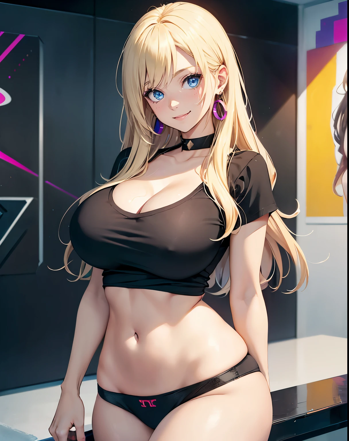 1girl, (Blue eyes), (smiling :1.2), (Sana Minatozaki), wide hips, Big tits :1.2, big ass, (Best Quality, 8k, Masterpiece: 1.3), Clear Focus: 1.2, Perfect Body Beauty: 1.4, Highly detailed face and skin texture, detailed eyes, double eyelids, (blonde long straight hair :1.2), dressed stylishly, cleavage Black T-shirt, statement earrings, jewelry, Upper body shot, background: colorful rainbow wall :1.3, Cool
