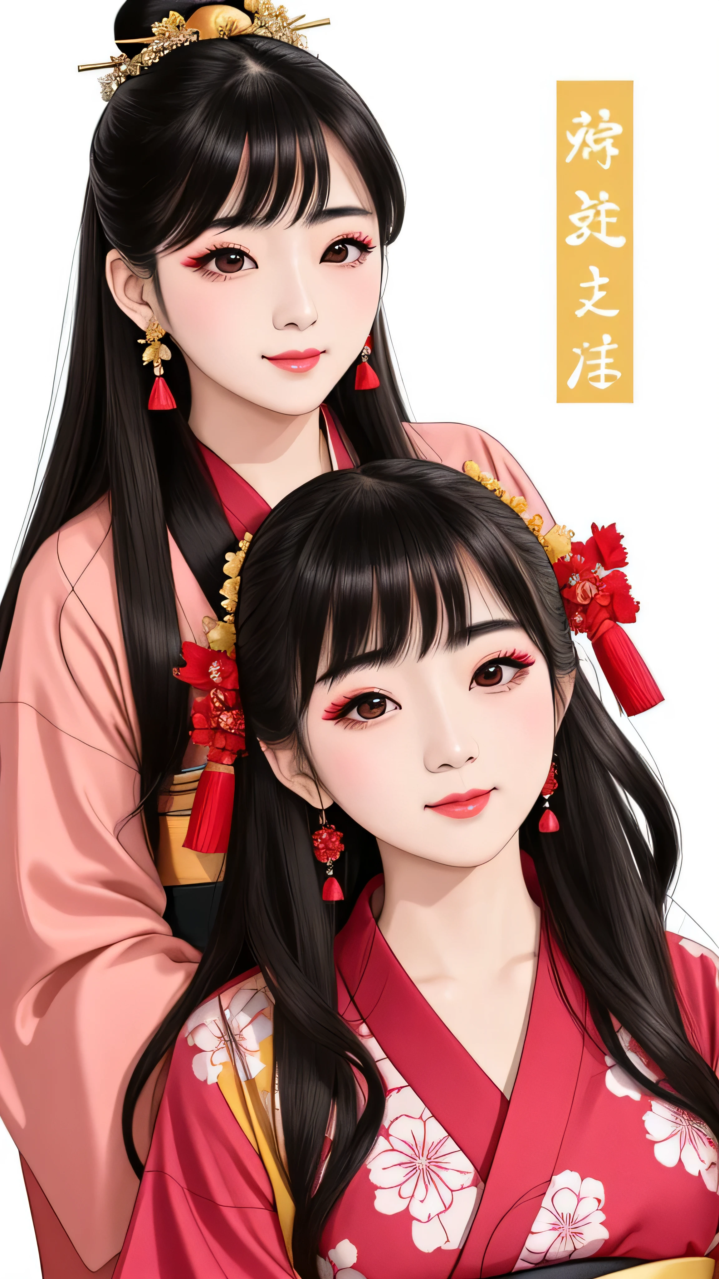 Each has a different expression２People and sisters、(２ girls）、｟Dancing traditional performing arts gracefully)、((big breasts、small face、not exposed))、highest quality、masterpiece、（black hair、Bun Hair）、brown eyes、｟wide angle、Angle from above, from the waist up、Pause on the magazine cover、Each person has a different perspective when looking into the distance｠、(８K high quality、masterpiece、High resolution、Realistic and beautiful light and shadow、(highest quality)、(high resolution)、(very delicate and beautiful)、(beautiful 8k face)、(Close your eyes while smiling、Beautiful eyes)、(Transparent skin)、(soft hair)、(８head and body)、(Japanese-style yukata kimono with red, pink, and orange floral patterns on a white background, mixed with gold powder、wearing a yukata２Japanese beautiful girl)、((tanabata decoration background))、((small face))、(arms up)、thin and small nose、（red lipstick）、（make cheeks red）、（Glossy skin）、((Ink painting style))、extremely thin eyebrows、Overall super high quality、（She wears maiko-style makeup）、Whitening、long and beautiful eyelashes、Glossy skin、（red cheeks）,straight nose、masterpiece、highest quality、whole body、 eyebrows visible through hair、Bun Hair、grin、gal、Kogal、Viewer&#39;s perspective、Plaid、Fashionable、woman、fine、Pause、
Waiting to start 
