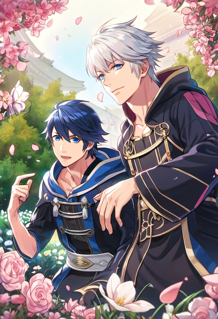 absurdres, highres, ultra detailed, HDR, master piece, best quality, Robin, white hair, expressive blue eyes, black tunic, hood, Fire Emblem Awakening, Chrom, dark blue hair, expressive blue eyes, 2men together, gay couple, handsome, petals, garden