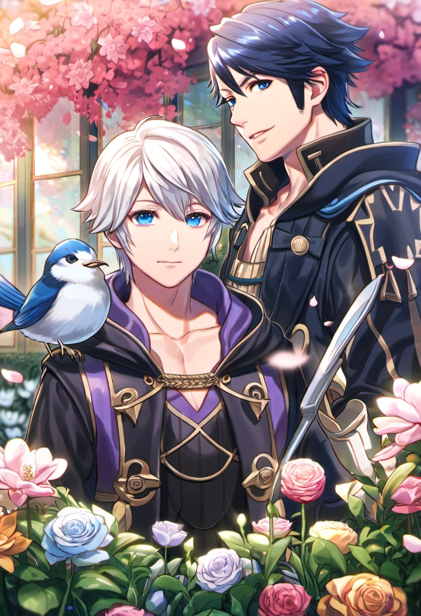 absurdres, highres, ultra detailed, HDR, master piece, best quality, Robin, white hair, expressive blue eyes, black tunic, hood, Fire Emblem Awakening, Chrom, dark blue hair, expressive blue eyes, 2men together, gay couple, handsome, petals, garden
