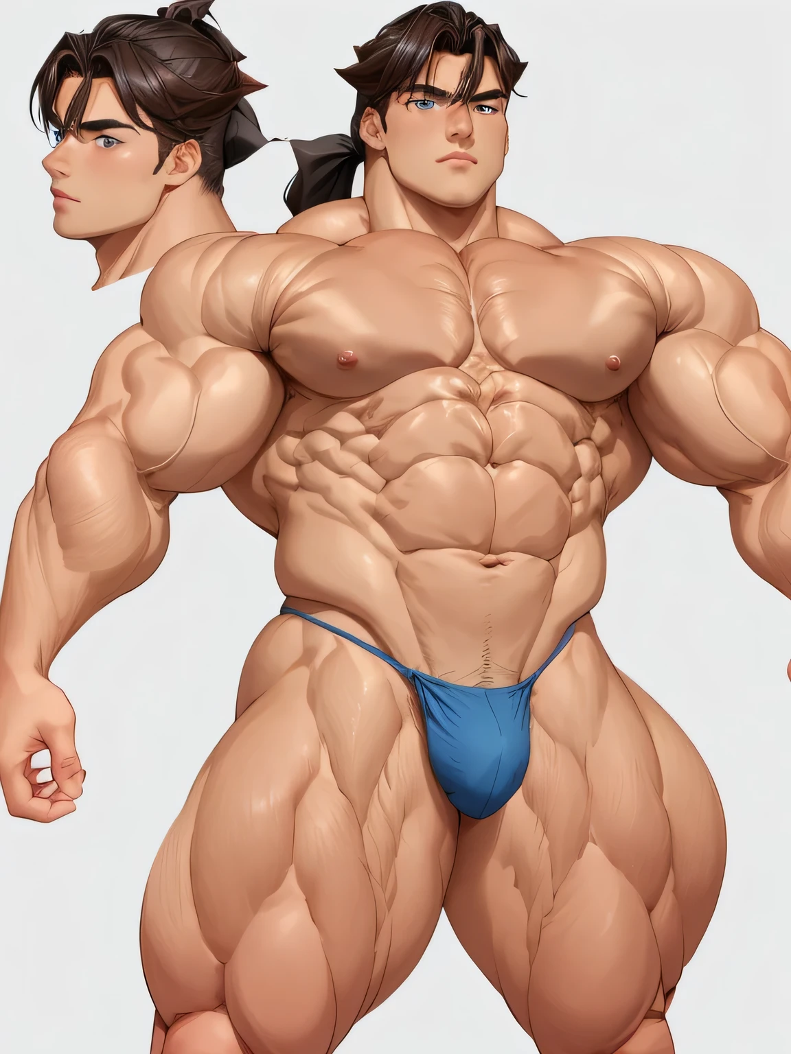 TANNED BOY. Conan Exiles style, ,((character design sheet,same character,front,side,back)) standing in front on stage, Full body volumetric lighting, muscles highlighted by light, Front light, Young bodybuilder, clean-shaven, Warrior, has no chest hair ( age) (Young face), Tanned skin (swarthy skin), muscular body (Good anatomy) 180 kg, body full of massive muscles, bodybuilder's body, narrow waist, huge pecs, very wide shoulders, V-shaped body, gigachad, massive muscles, Mexican facial features, dark brown hair, hair blown by the wind, Hair in a ponytail with bangs falling over the forehead and on Both Sides of Face, blue Eyes (Detailed Eyes) Big Eyes, ((Blue Eyes)), Teen Face, prominent pecs and abs, noticeable biceps, Shirtless, topless, wears a tight string thong, crotch bulge, almost naked, beautiful face, young face, perfect face. (((SHIRTLESS, TOPLESS)))