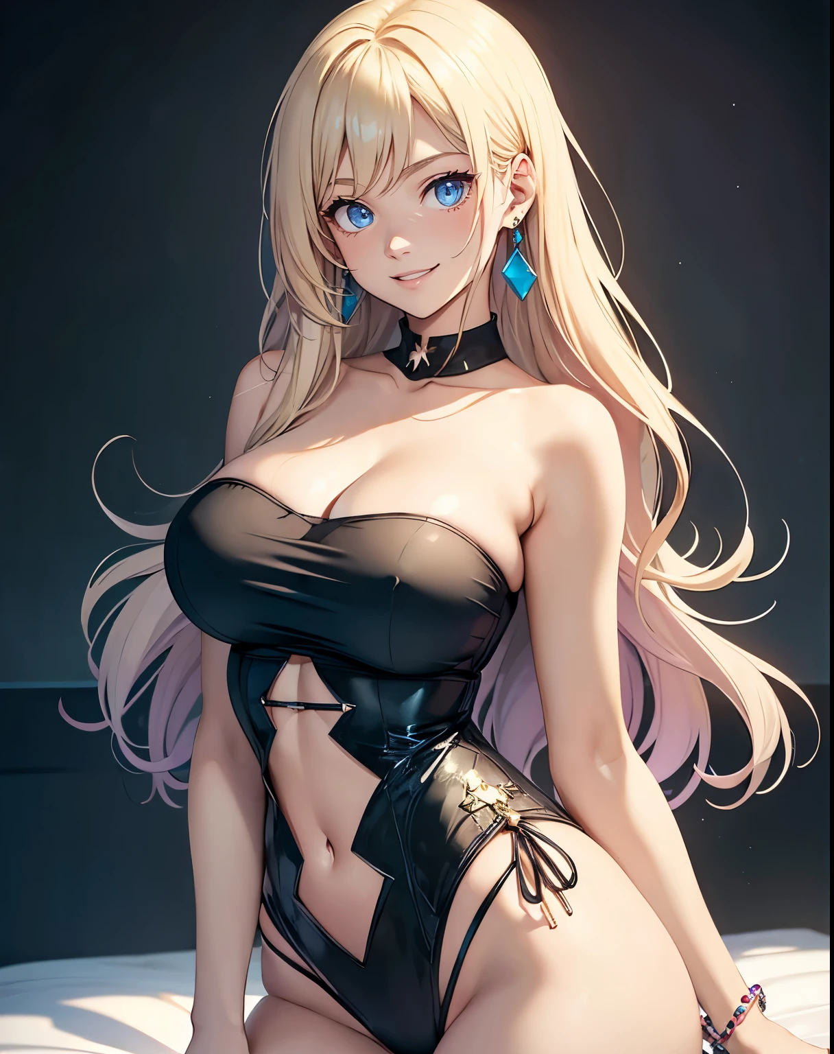 1girl, (Blue eyes), (smiling :1.2), (Sana Minatozaki), wide hips, Big tits :1.2, big ass, (Best Quality, 8k, Masterpiece: 1.3), Clear Focus: 1.2, Perfect Body Beauty: 1.4, Highly detailed face and skin texture, detailed eyes, double eyelids, (blonde long straight hair :1.2), dressed stylishly, cleavage Black T-shirt, statement earrings, jewelry, Upper body shot, background: colorful rainbow wall :1.3, Cool